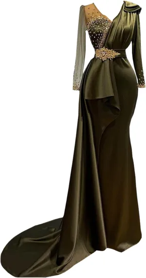 Keting Green Crystals Satin Mermaid V Neck Prom Shower Party Evening Dress Celebrity Pageant Gown for Wedding