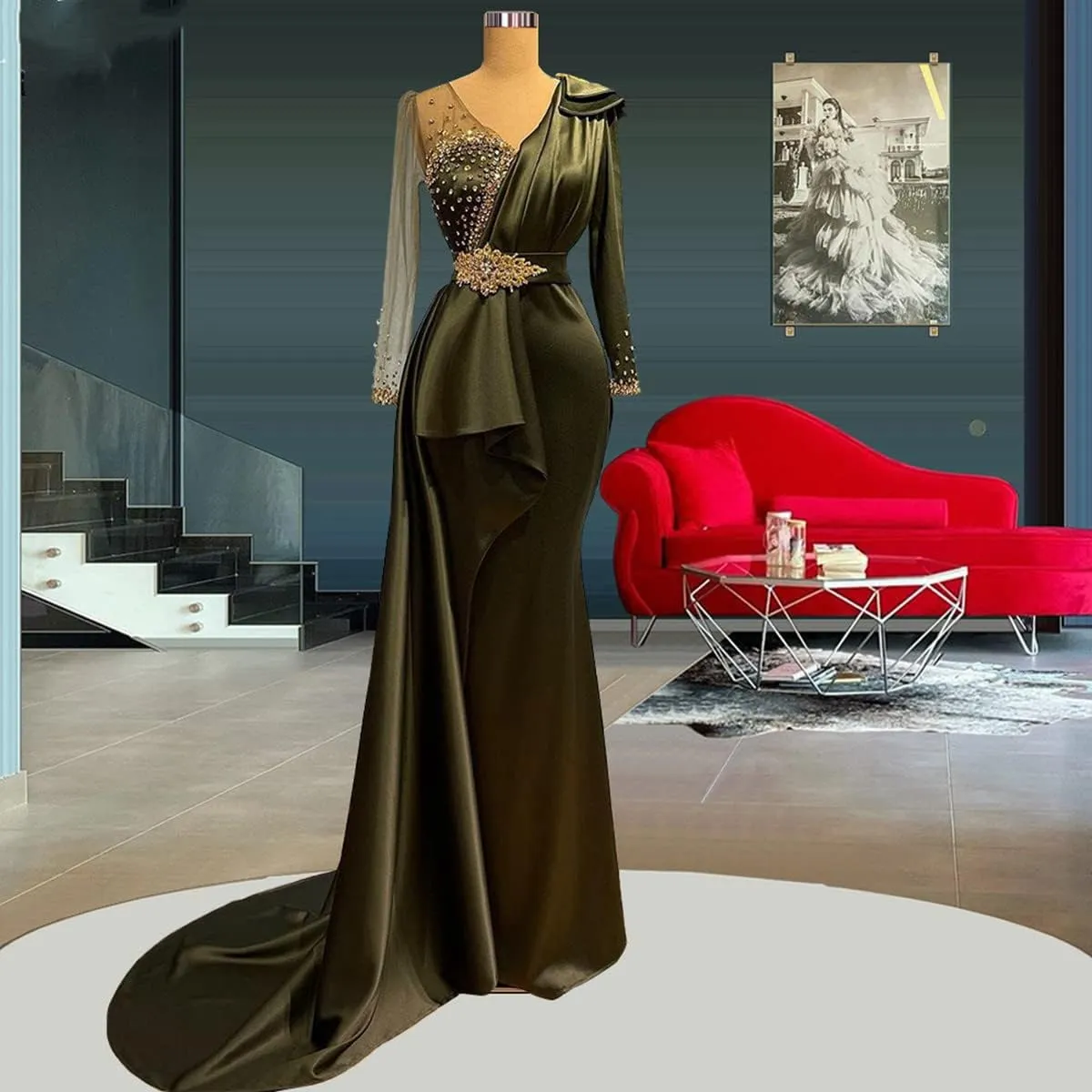 Keting Green Crystals Satin Mermaid V Neck Prom Shower Party Evening Dress Celebrity Pageant Gown for Wedding