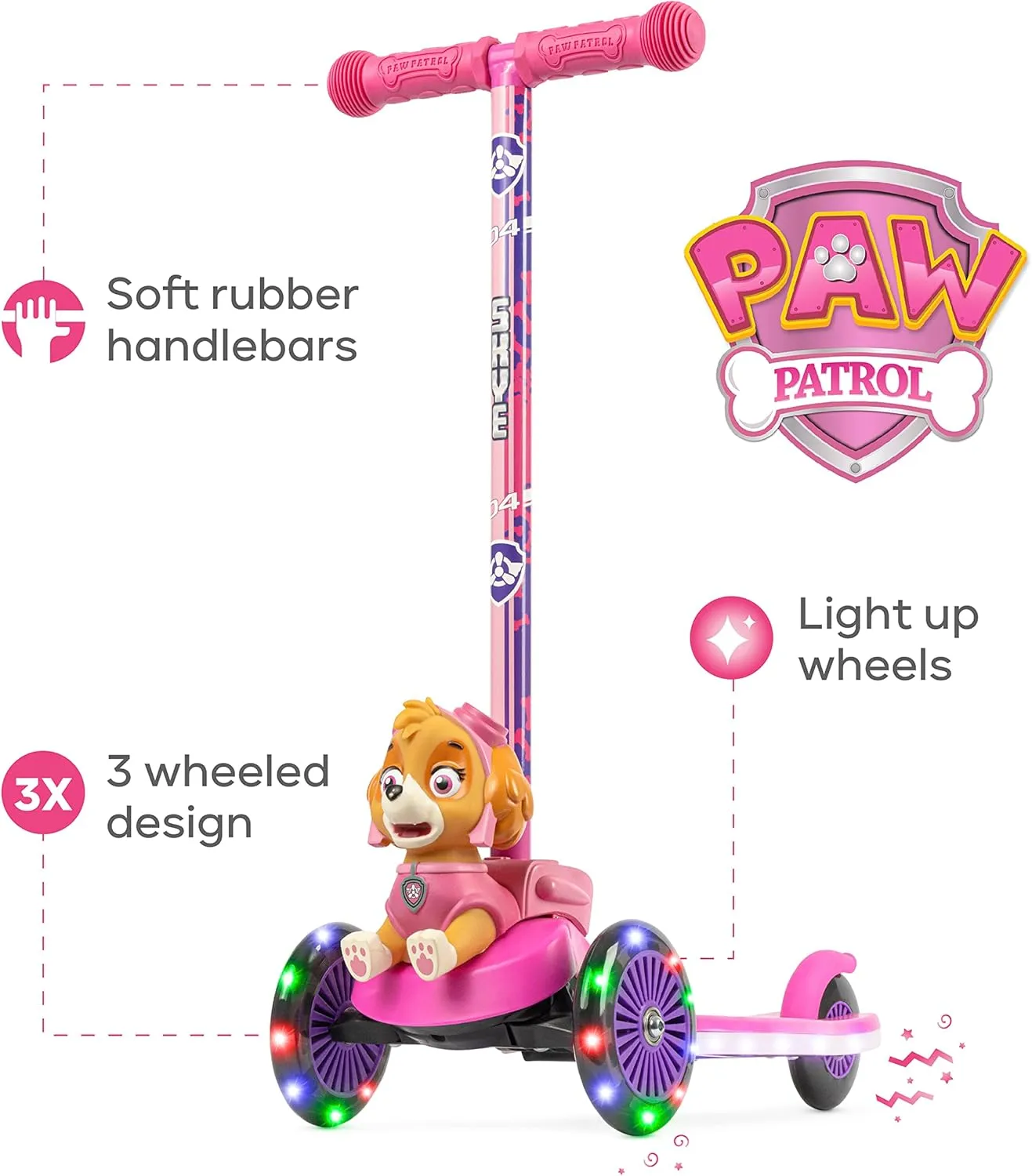 Kick Scooter for Kids, Self-Balancing 3 Wheeled Scooter with Light Up Wheels & Deck, Extra Wide Anti-Slip Deck, Rear Brake, Lean to Steer, Lightweight Design, for Kids 3 and Up, 75 LB Limit