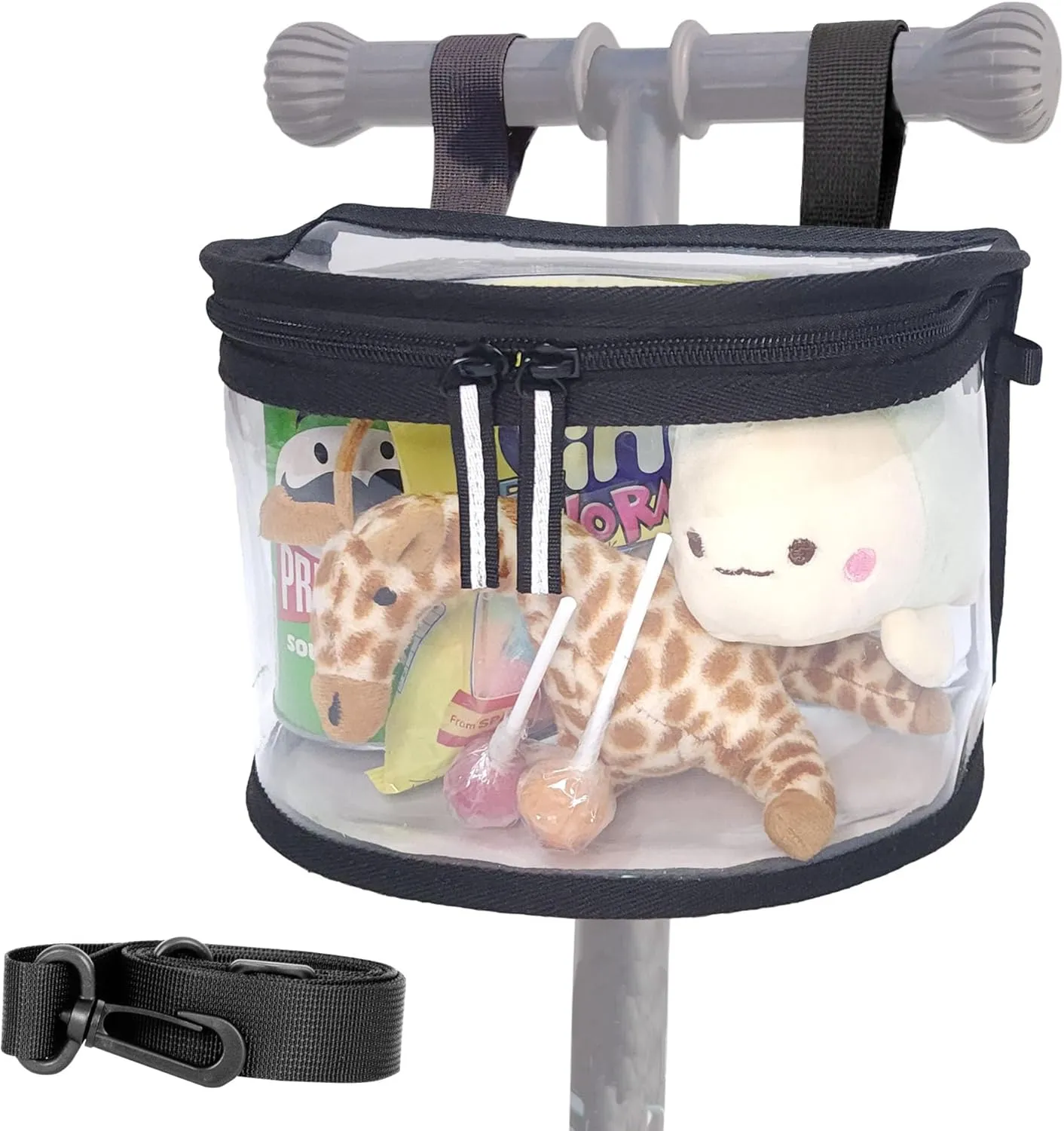 Kids Bike Basket - Transparent Bicycle, Scooter Handlebar Front Bag - Convert to Crossbody Bag (Black Velcro Strap)