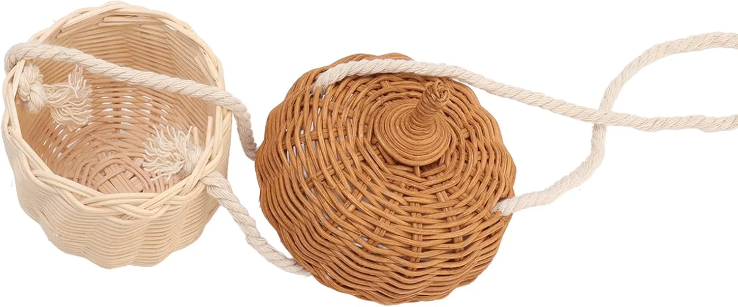 Kids Rattan Storage Basket, Hand Woven Indonesian Rattan Decorative Acorn Shaped Bag for Boys Girls Photography Props (Small Shoulder Bag)