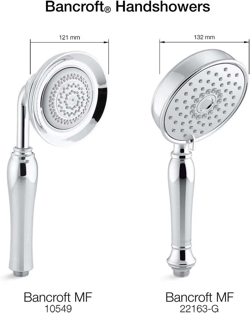 KOHLER 22163-BN Bancroft Multi-Function Handshower, Handheld Showerhead with 3 Spray Settings, 2.5 GPM, Vibrant Brushed Nickel