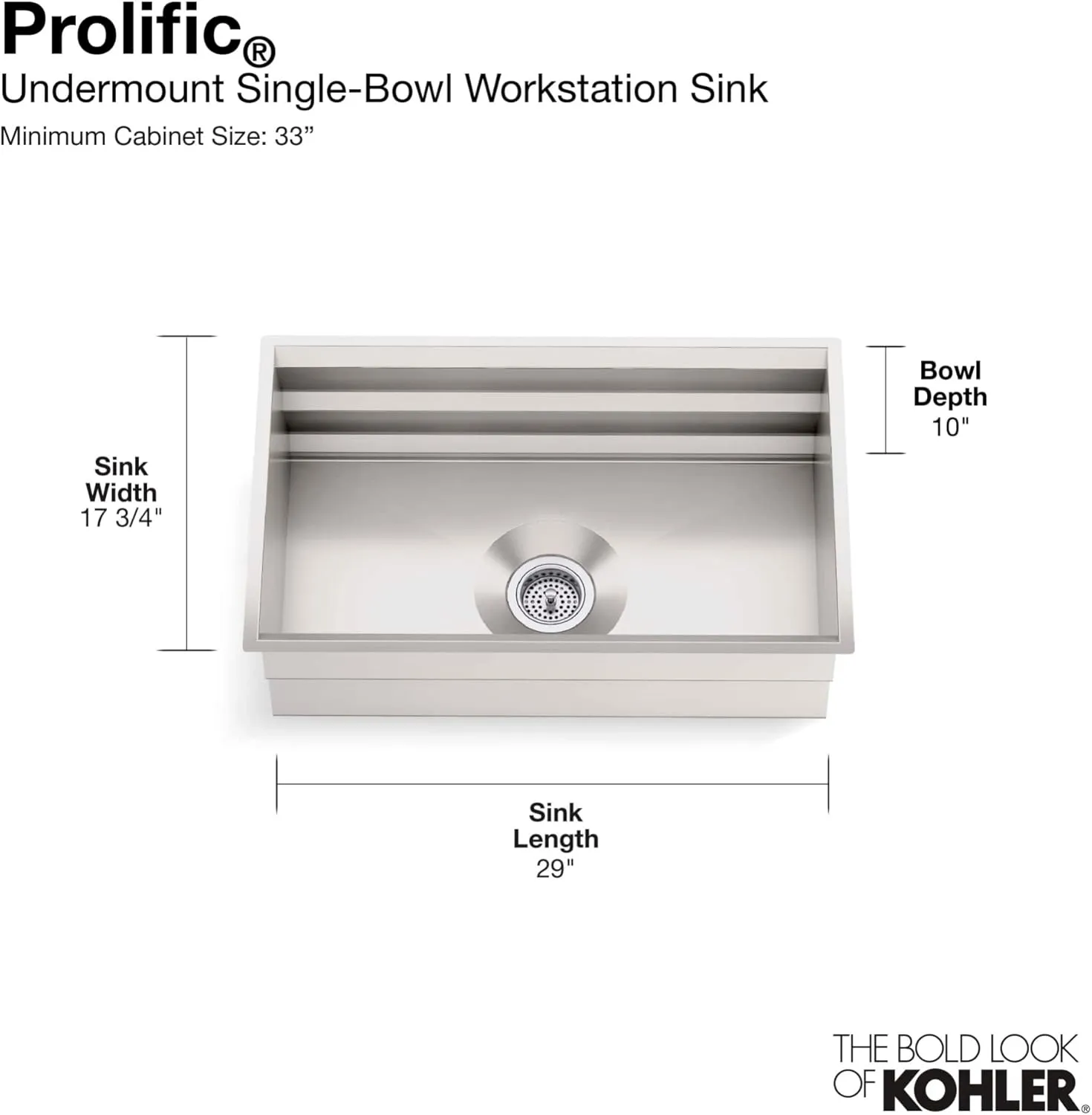 Kohler Prolific 29 inch Workstation Stainless Steel Single Bowl Kitchen Sink with included Accessories, 10 inches deep, 18 gauge, Undermount installation K-23651-NA
