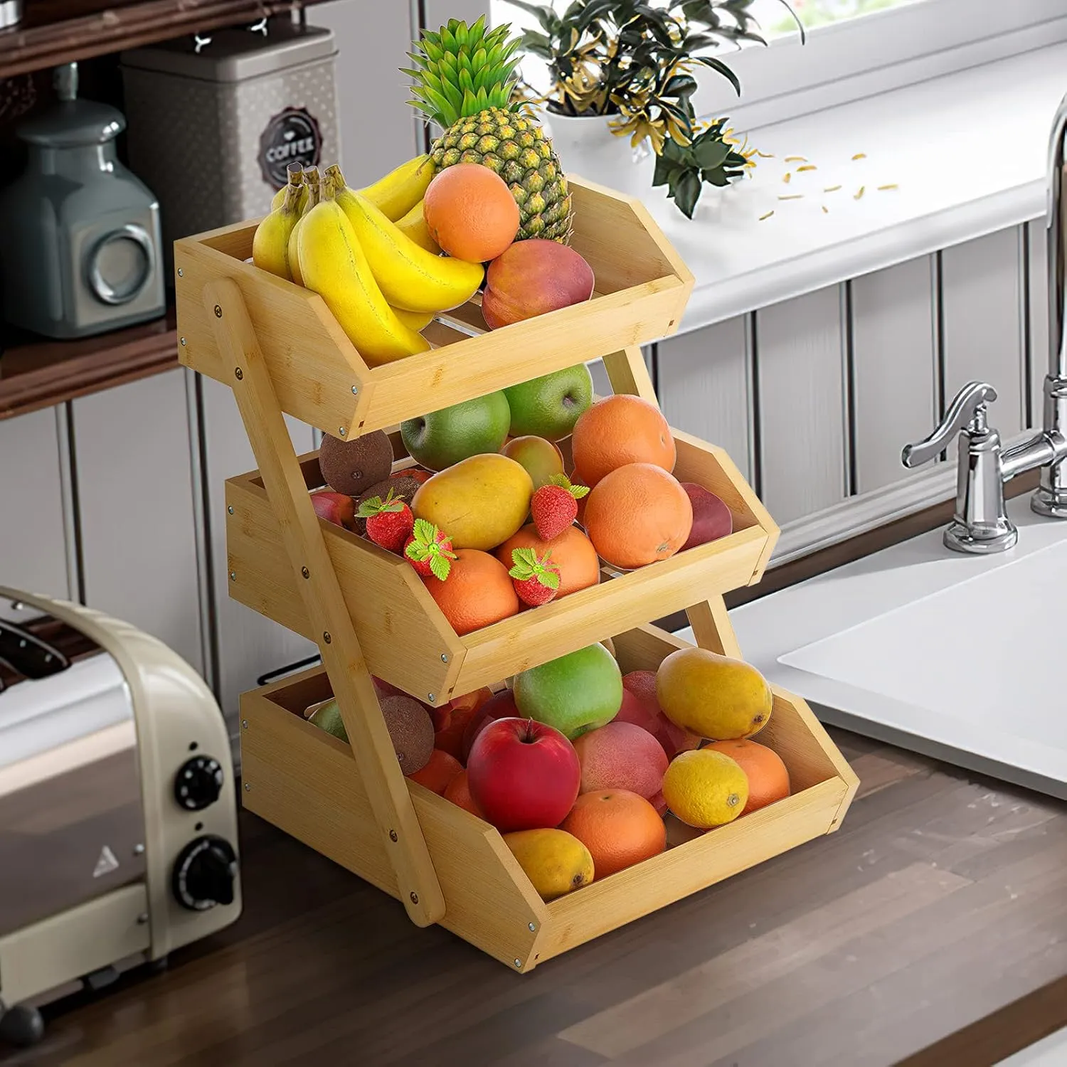 Large 3 Tier Bamboo Fruit Basket Stand for Kitchen Countertop – Fruit Holder – Suitable for Bread, Vegetables, Produce, Home Storage and Display
