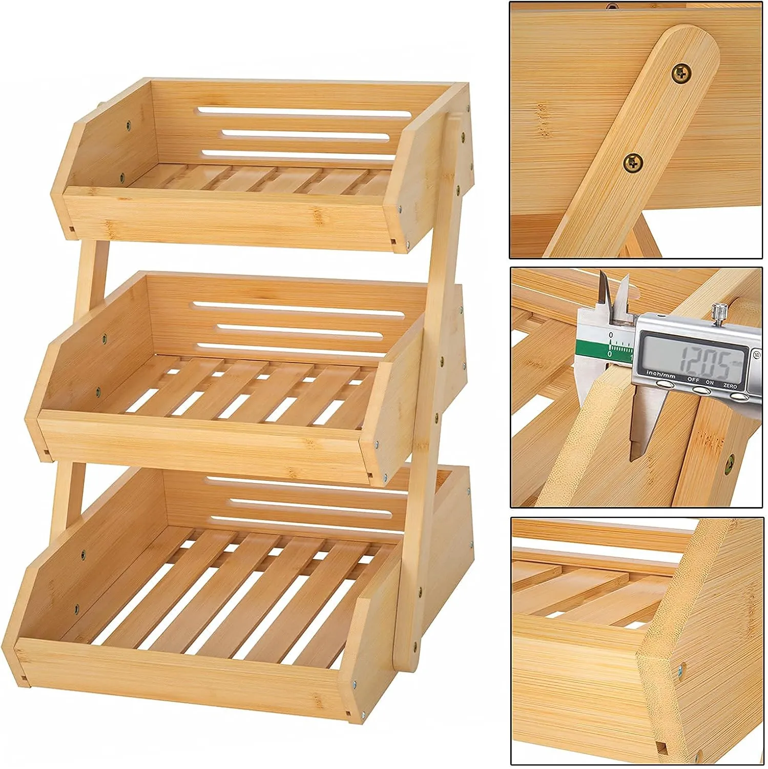 Large 3 Tier Bamboo Fruit Basket Stand for Kitchen Countertop – Fruit Holder – Suitable for Bread, Vegetables, Produce, Home Storage and Display