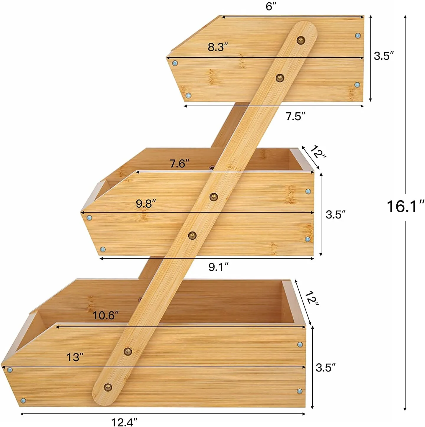 Large 3 Tier Bamboo Fruit Basket Stand for Kitchen Countertop – Fruit Holder – Suitable for Bread, Vegetables, Produce, Home Storage and Display