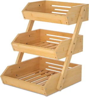 Large 3 Tier Bamboo Fruit Basket Stand for Kitchen Countertop – Fruit Holder – Suitable for Bread, Vegetables, Produce, Home Storage and Display