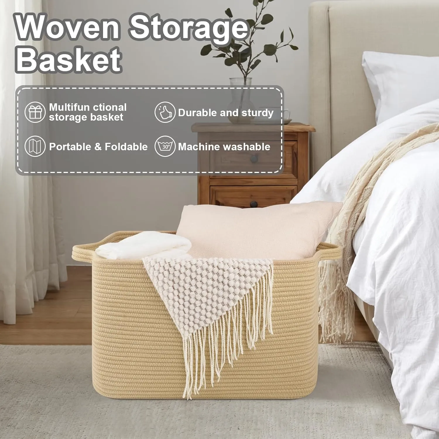 Large Blanket Basket, Jute Blanket Storage Living Room, Rectangle Woven Baskets for Storage Toys, Towels, Diry Clothes Organizer Bins (Jute)