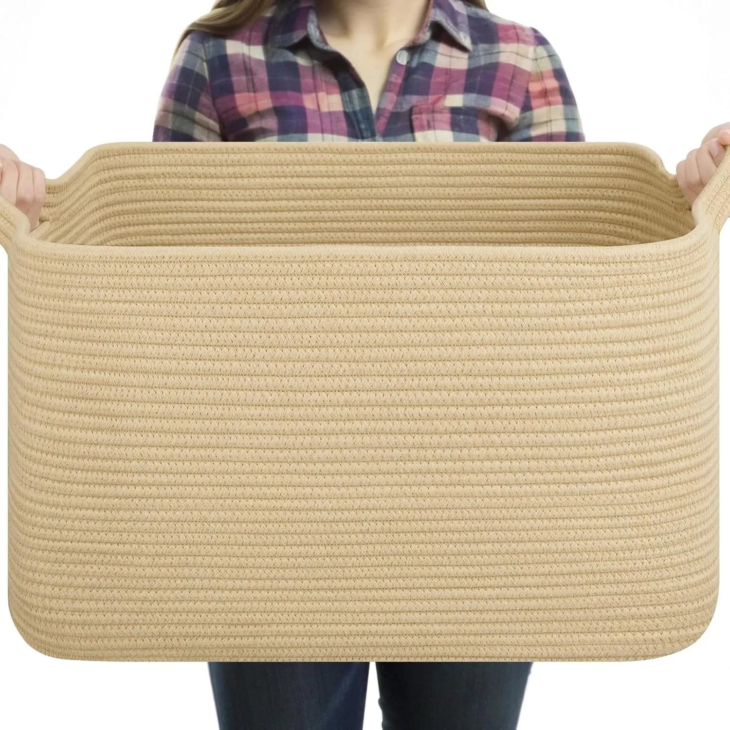 Large Blanket Basket, Jute Blanket Storage Living Room, Rectangle Woven Baskets for Storage Toys, Towels, Diry Clothes Organizer Bins (Jute)
