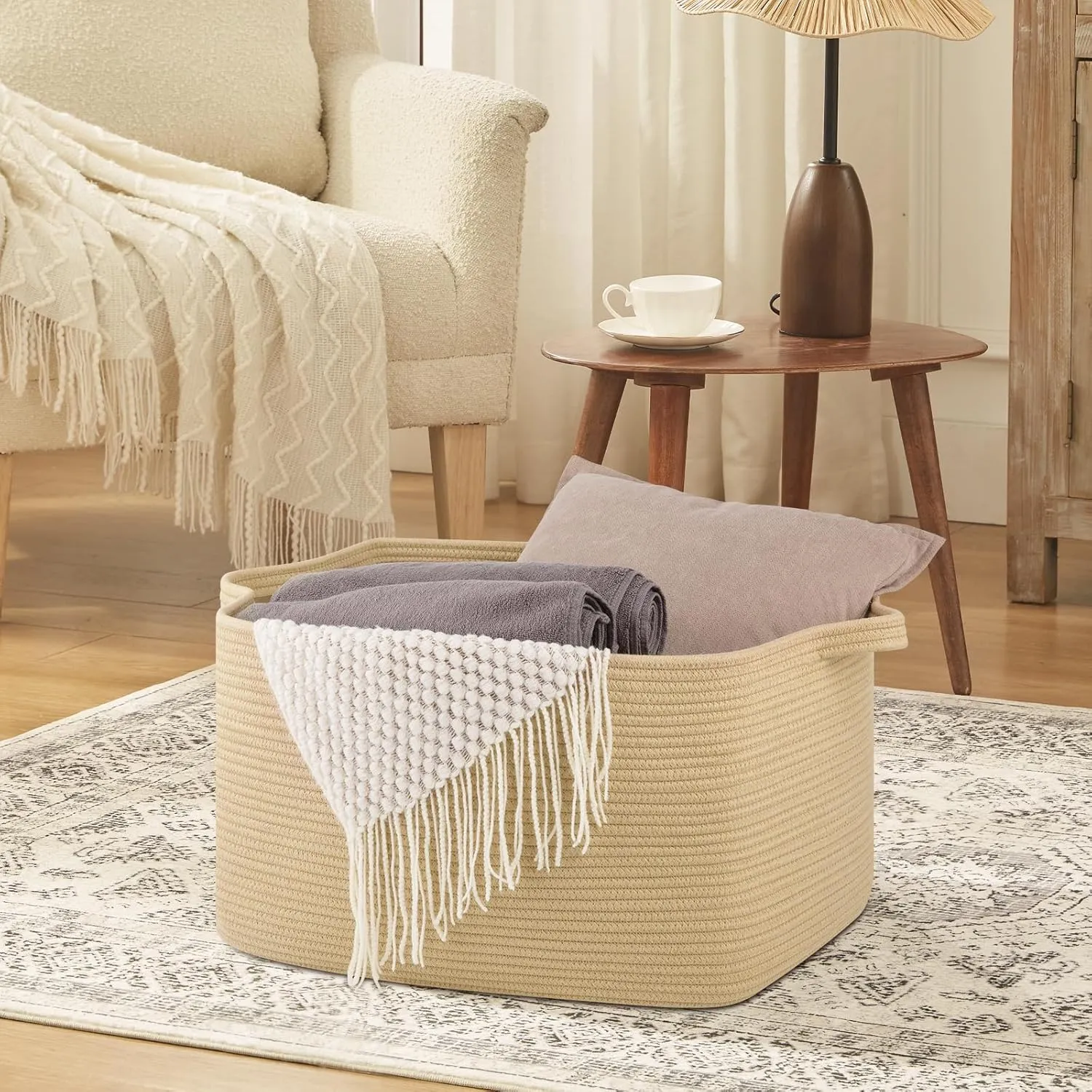 Large Blanket Basket, Jute Blanket Storage Living Room, Rectangle Woven Baskets for Storage Toys, Towels, Diry Clothes Organizer Bins (Jute)