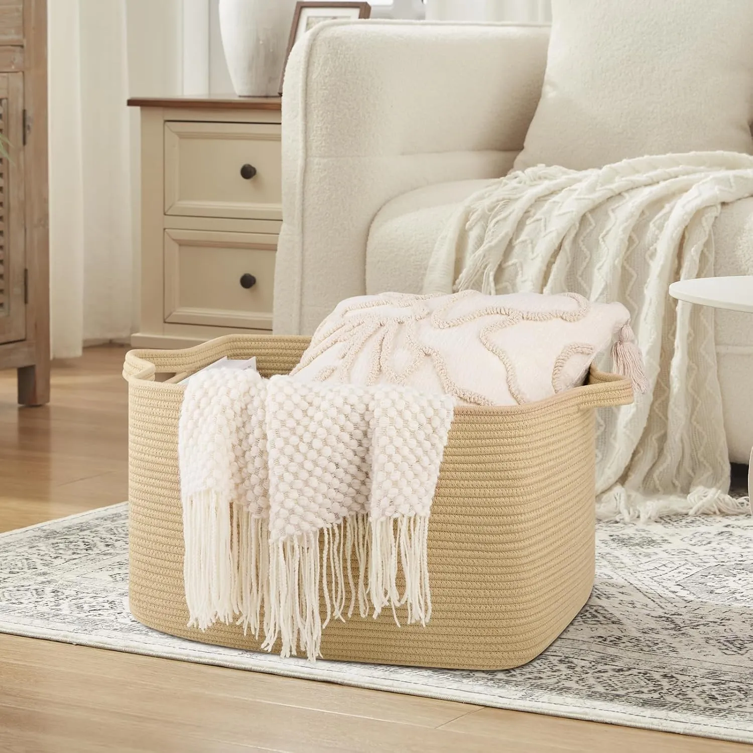 Large Blanket Basket, Jute Blanket Storage Living Room, Rectangle Woven Baskets for Storage Toys, Towels, Diry Clothes Organizer Bins (Jute)