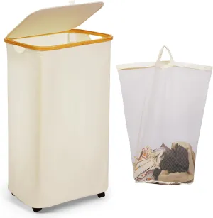 Large Laundry Basket with Wheels,100L Hampers for Laundry,Freestanding Laundry Hamper with Lid and Bamboo Handles,Collapsible & Waterproof Tall Cloth Hamper for Dorm Family（Beige）