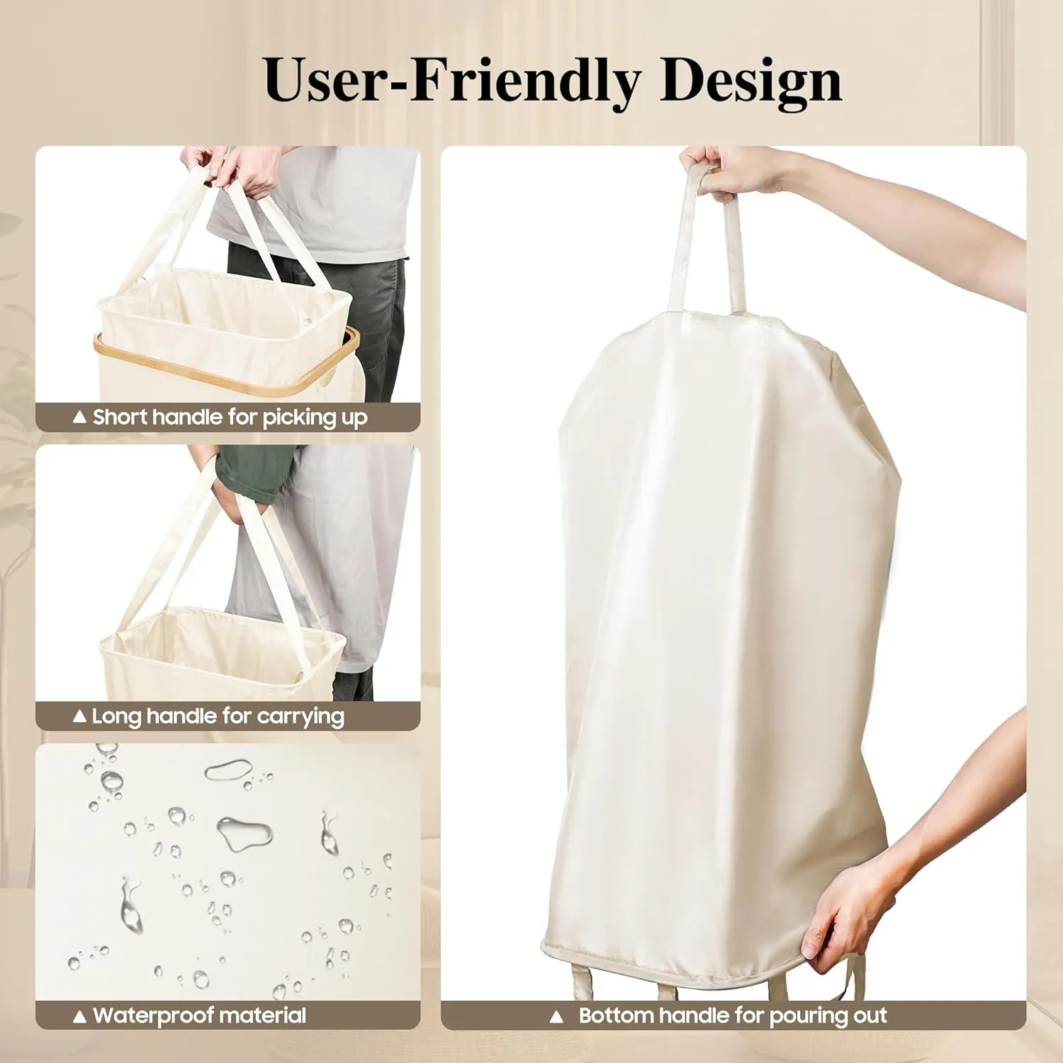 Large Laundry Hamper, 100L Waterproof Laundry Basket with Lid and Removable Bag, Collapsible Tall Clothes Hamper with Bamboo Handles for Clothes Toys in Dorm Bedroom Bathroom, Beige