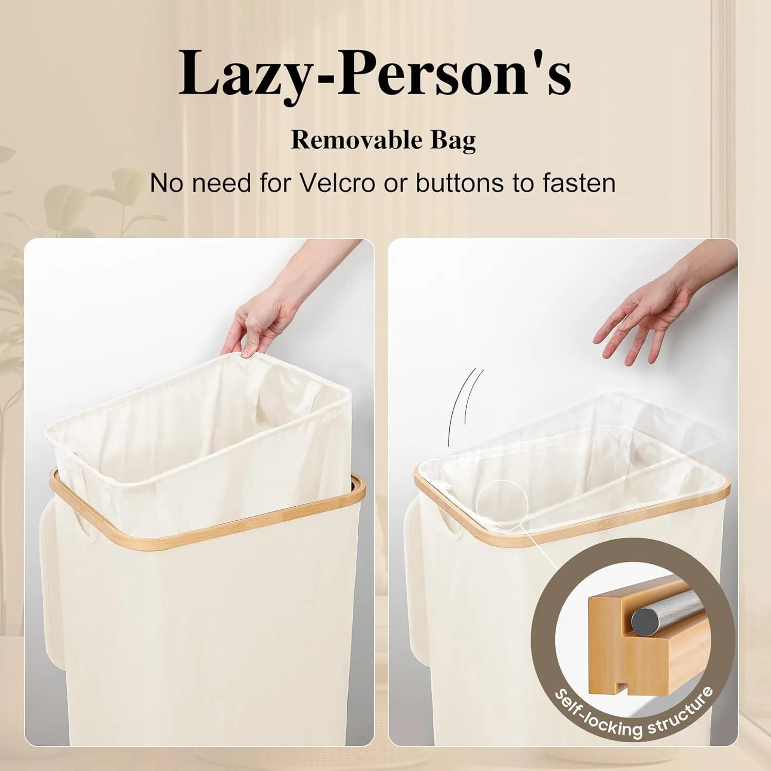 Large Laundry Hamper, 100L Waterproof Laundry Basket with Lid and Removable Bag, Collapsible Tall Clothes Hamper with Bamboo Handles for Clothes Toys in Dorm Bedroom Bathroom, Beige