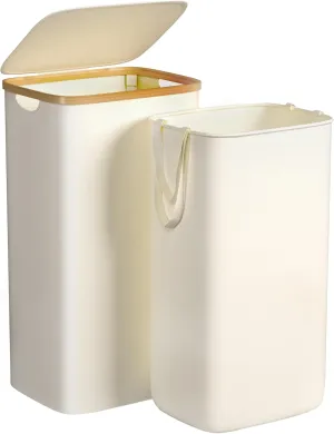 Large Laundry Hamper, 100L Waterproof Laundry Basket with Lid and Removable Bag, Collapsible Tall Clothes Hamper with Bamboo Handles for Clothes Toys in Dorm Bedroom Bathroom, Beige