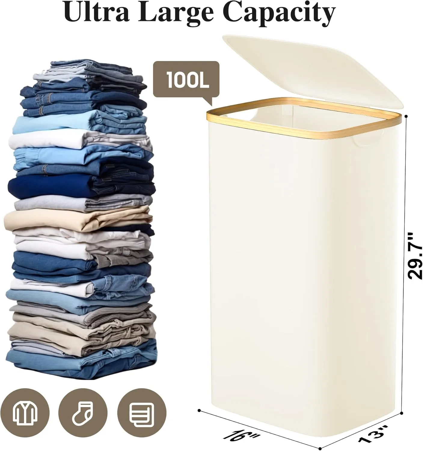 Large Laundry Hamper, 100L Waterproof Laundry Basket with Lid and Removable Bag, Collapsible Tall Clothes Hamper with Bamboo Handles for Clothes Toys in Dorm Bedroom Bathroom, Beige