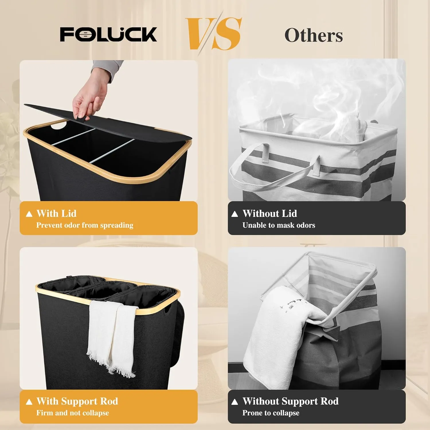 Large Laundry Hamper, 160L Waterproof Laundry Basket with Lid and Removable Bag, Collapsible Tall Clothes Hamper with Bamboo Handles for Clothes Toys in Dorm Bedroom Bathroom, Black