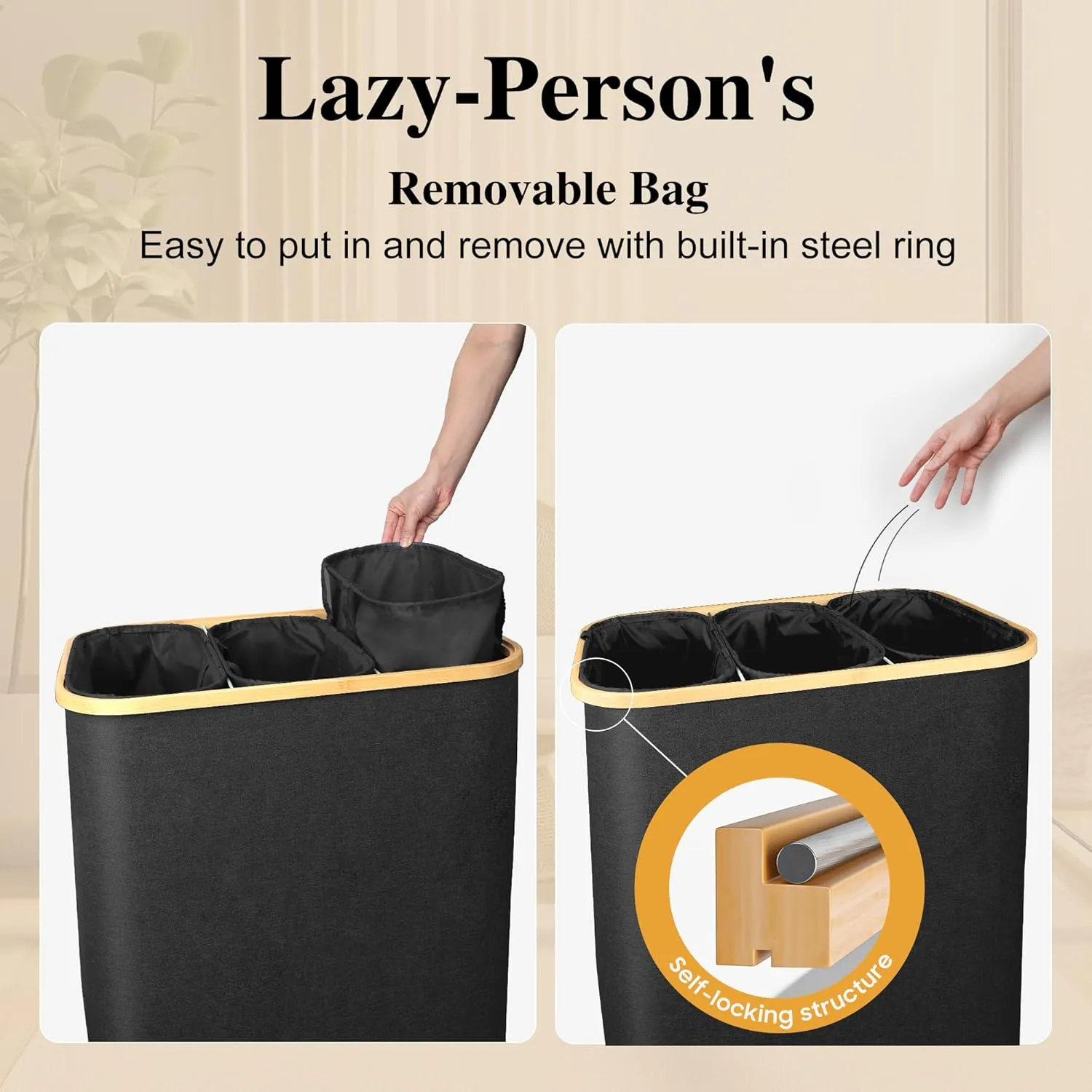 Large Laundry Hamper, 160L Waterproof Laundry Basket with Lid and Removable Bag, Collapsible Tall Clothes Hamper with Bamboo Handles for Clothes Toys in Dorm Bedroom Bathroom, Black
