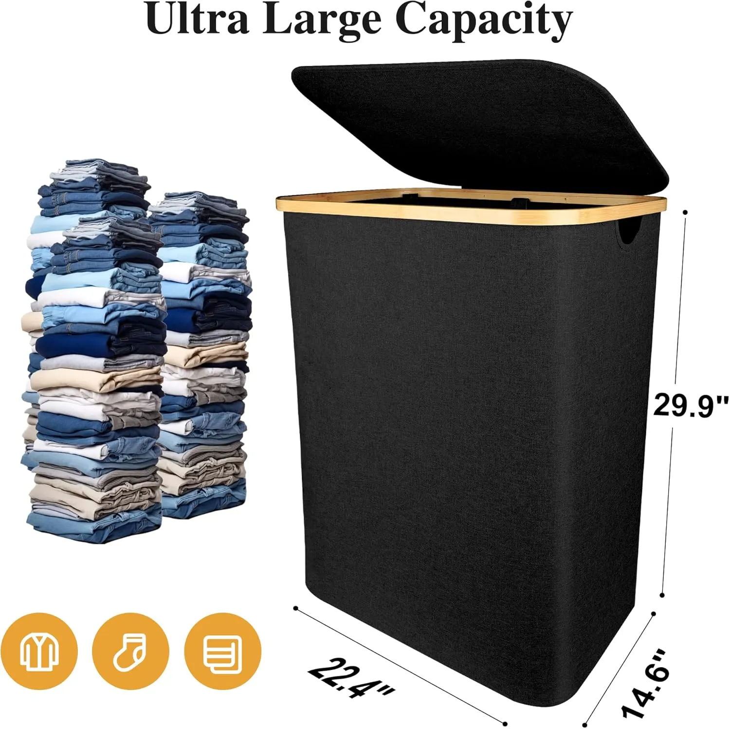 Large Laundry Hamper, 160L Waterproof Laundry Basket with Lid and Removable Bag, Collapsible Tall Clothes Hamper with Bamboo Handles for Clothes Toys in Dorm Bedroom Bathroom, Black