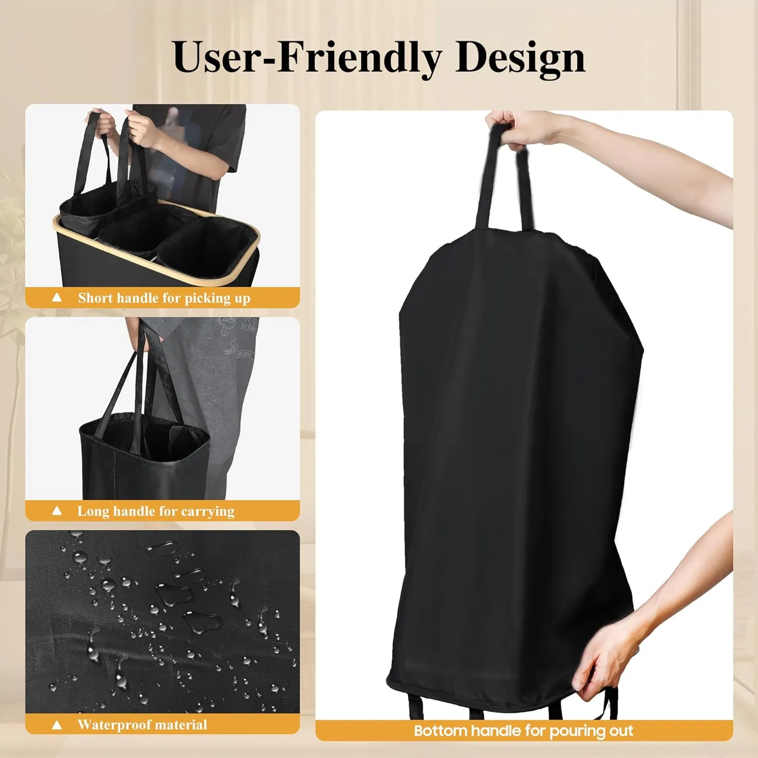 Large Laundry Hamper, 160L Waterproof Laundry Basket with Lid and Removable Bag, Collapsible Tall Clothes Hamper with Bamboo Handles for Clothes Toys in Dorm Bedroom Bathroom, Black