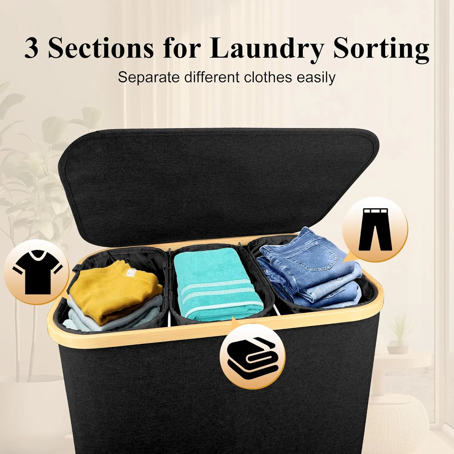 Large Laundry Hamper, 160L Waterproof Laundry Basket with Lid and Removable Bag, Collapsible Tall Clothes Hamper with Bamboo Handles for Clothes Toys in Dorm Bedroom Bathroom, Black