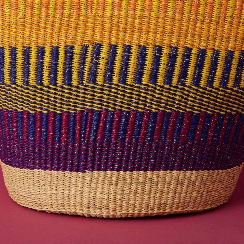 Large Woven Market Basket, Harvesting, Gardening, Picnic, Foraging, Farmers, Fruit Picking, Shopping Tote, Groceries, Handmade, Boho, African, Ghana, Bolga, Leather Handle, 16" Wide, Yellow Orange