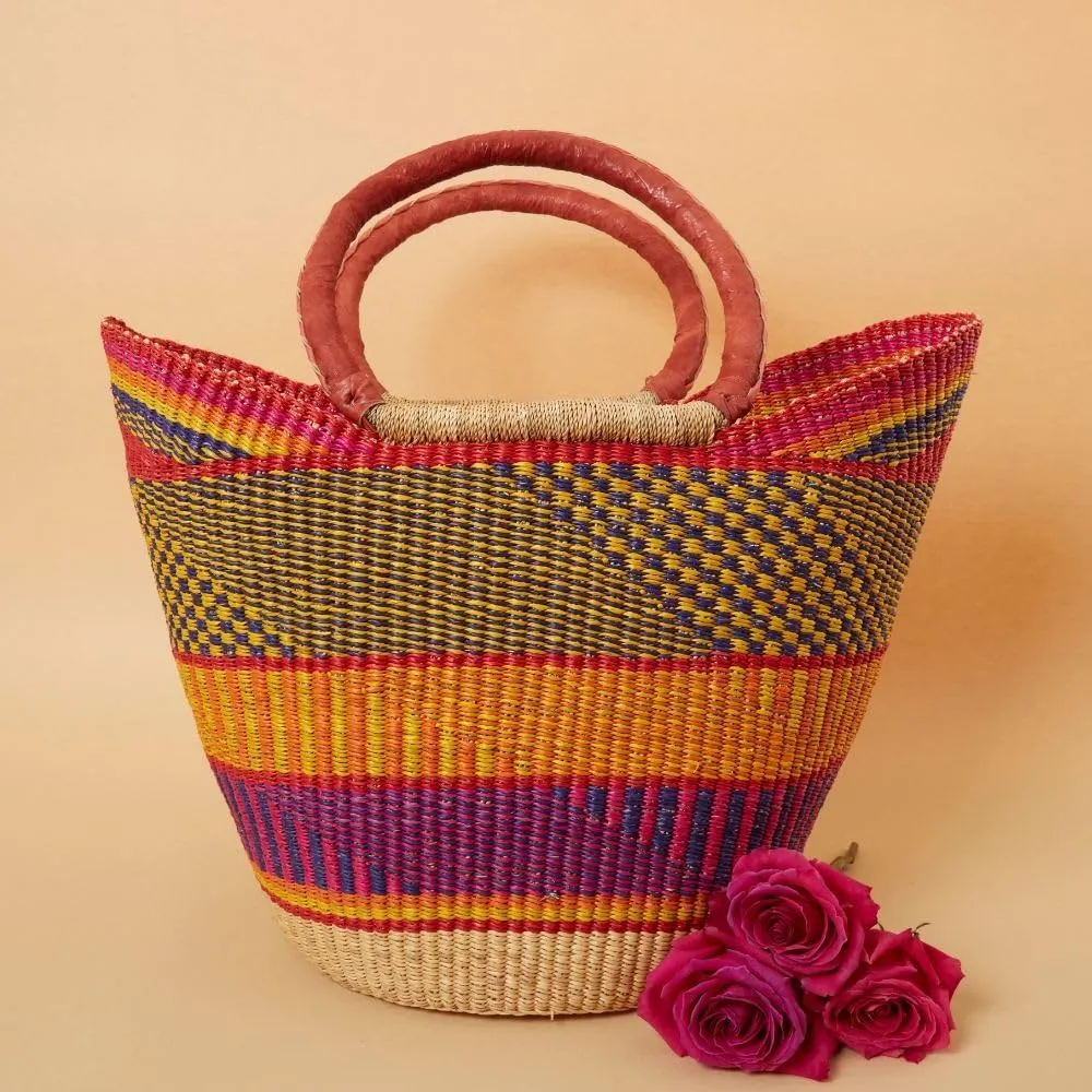 Large Woven Market Basket, Harvesting, Gardening, Picnic, Foraging, Farmers, Fruit Picking, Shopping Tote, Groceries, Handmade, Boho, African, Ghana, Bolga, Leather Handle, 16" Wide, Yellow Orange