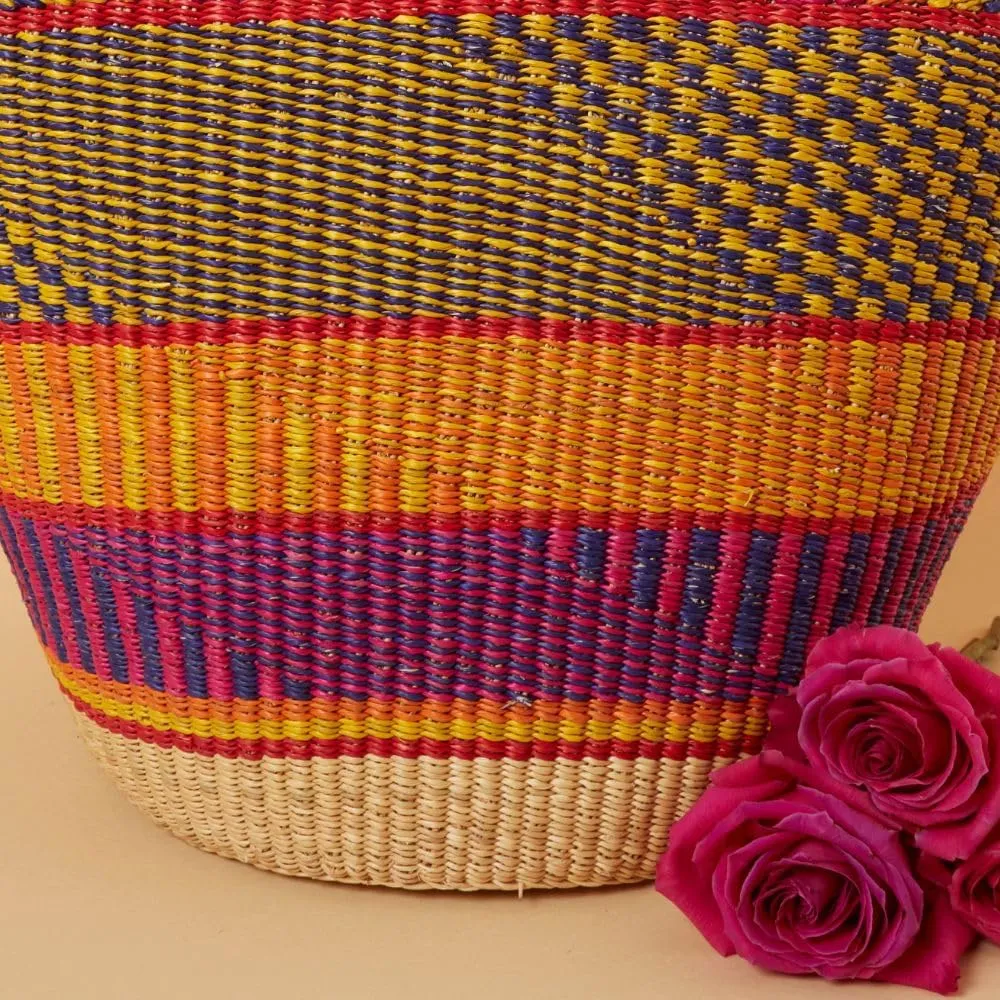 Large Woven Market Basket, Harvesting, Gardening, Picnic, Foraging, Farmers, Fruit Picking, Shopping Tote, Groceries, Handmade, Boho, African, Ghana, Bolga, Leather Handle, 16" Wide, Yellow Orange
