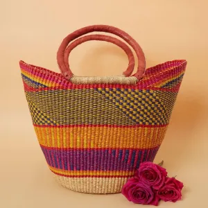 Large Woven Market Basket, Harvesting, Gardening, Picnic, Foraging, Farmers, Fruit Picking, Shopping Tote, Groceries, Handmade, Boho, African, Ghana, Bolga, Leather Handle, 16" Wide, Yellow Orange