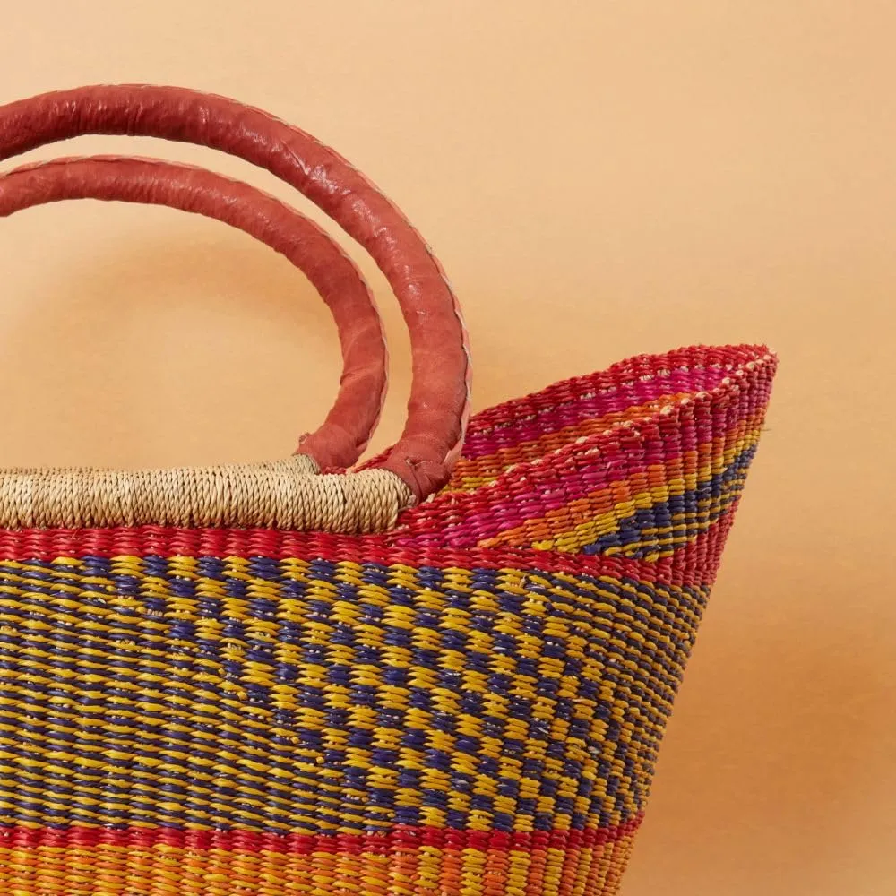 Large Woven Market Basket, Harvesting, Gardening, Picnic, Foraging, Farmers, Fruit Picking, Shopping Tote, Groceries, Handmade, Boho, African, Ghana, Bolga, Leather Handle, 16" Wide, Yellow Orange