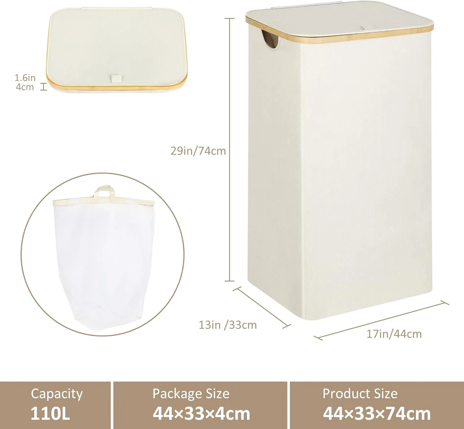 Laundry Basket with Lid, 110L Large Laundry Hamper with Handle and Lid, Collapsible Clothes Basket Organizer with Removable Inner Bag for Clothes Toys Towels - Beige