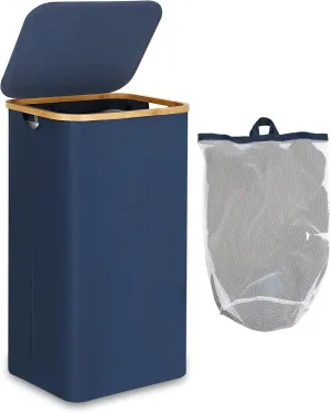 Laundry Basket with Lid and Removable Bag, 100L Tall Laundry Hamper with Bamboo Handles, Aesthetic Dirty Clothes Bin for Laundry Room, Bathroom, Bedroom and Dorm, Blue