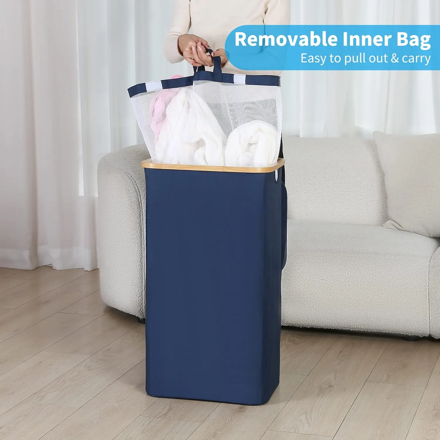 Laundry Basket with Lid and Removable Bag, 100L Tall Laundry Hamper with Bamboo Handles, Aesthetic Dirty Clothes Bin for Laundry Room, Bathroom, Bedroom and Dorm, Blue