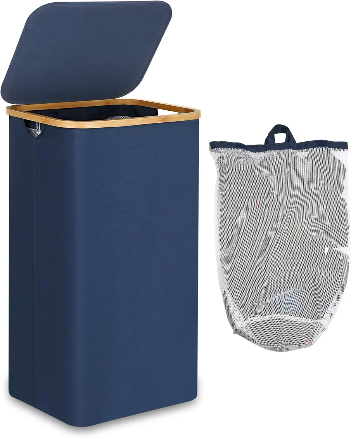 Laundry Basket with Lid and Removable Bag, 100L Tall Laundry Hamper with Bamboo Handles, Aesthetic Dirty Clothes Bin for Laundry Room, Bathroom, Bedroom and Dorm, Blue