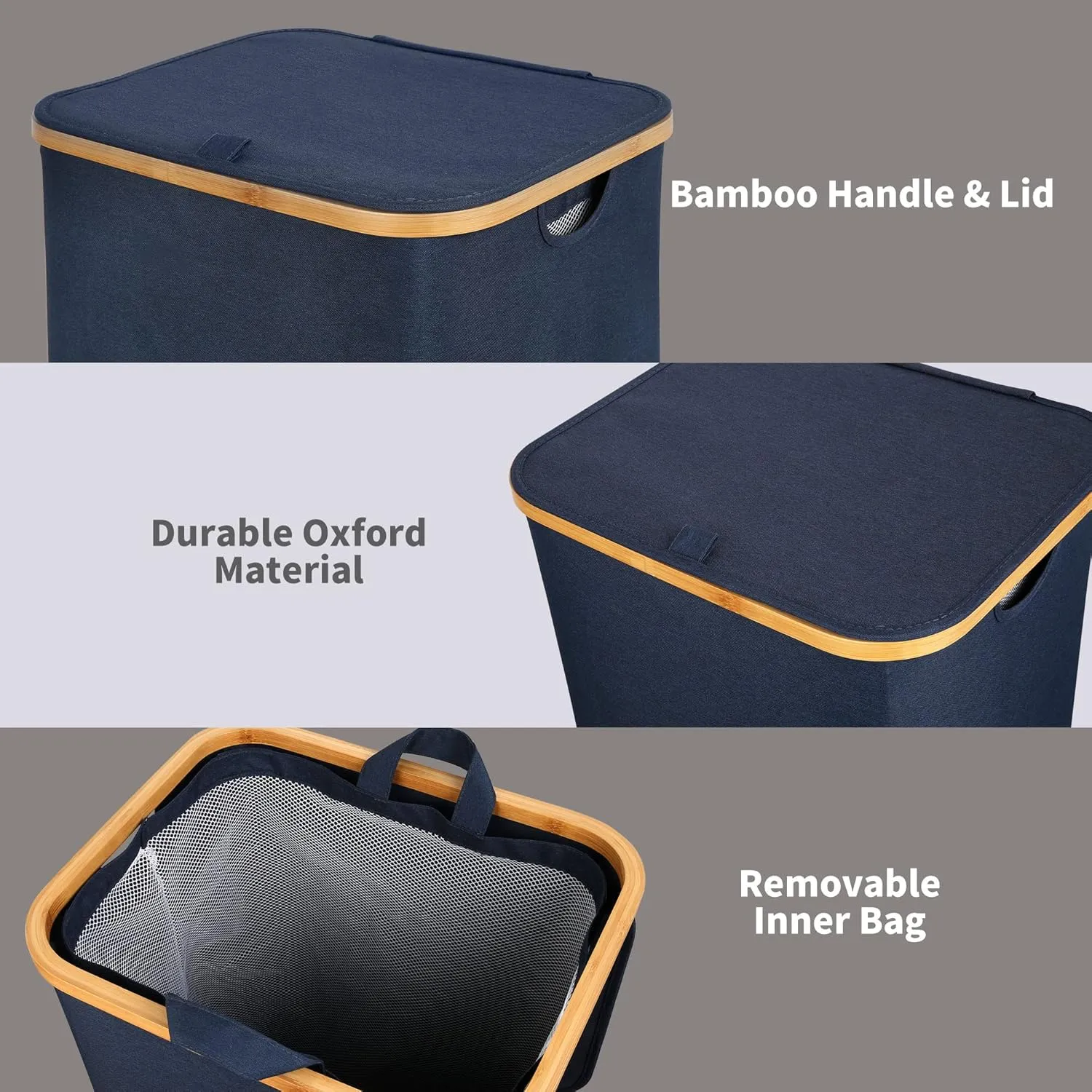 Laundry Basket with Lid and Removable Bag, 100L Tall Laundry Hamper with Bamboo Handles, Aesthetic Dirty Clothes Bin for Laundry Room, Bathroom, Bedroom and Dorm, Blue