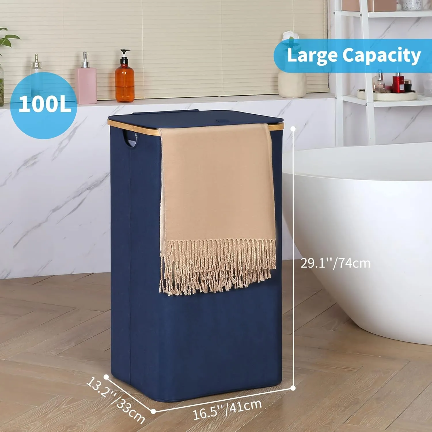 Laundry Basket with Lid and Removable Bag, 100L Tall Laundry Hamper with Bamboo Handles, Aesthetic Dirty Clothes Bin for Laundry Room, Bathroom, Bedroom and Dorm, Blue
