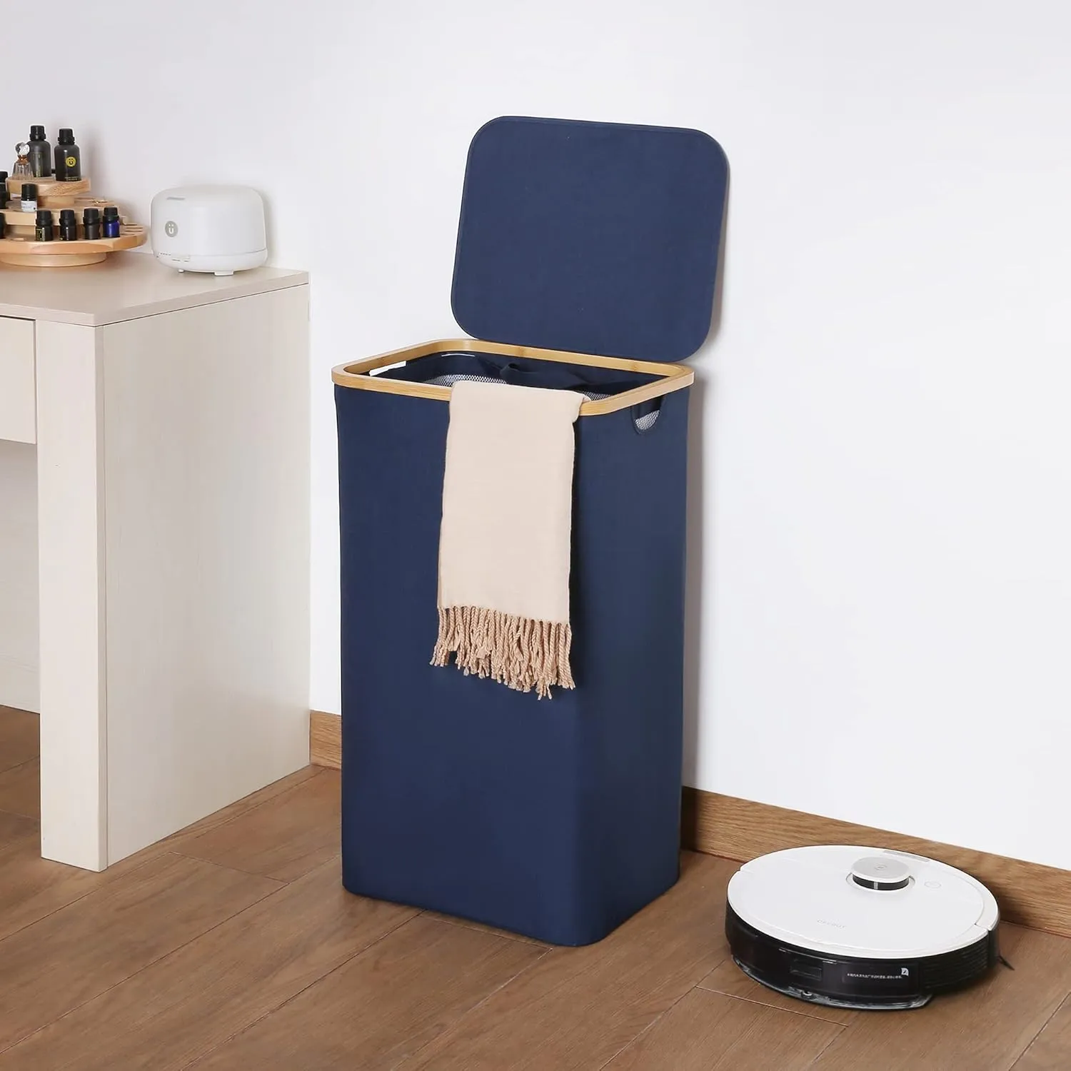 Laundry Basket with Lid and Removable Bag, 100L Tall Laundry Hamper with Bamboo Handles, Aesthetic Dirty Clothes Bin for Laundry Room, Bathroom, Bedroom and Dorm, Blue
