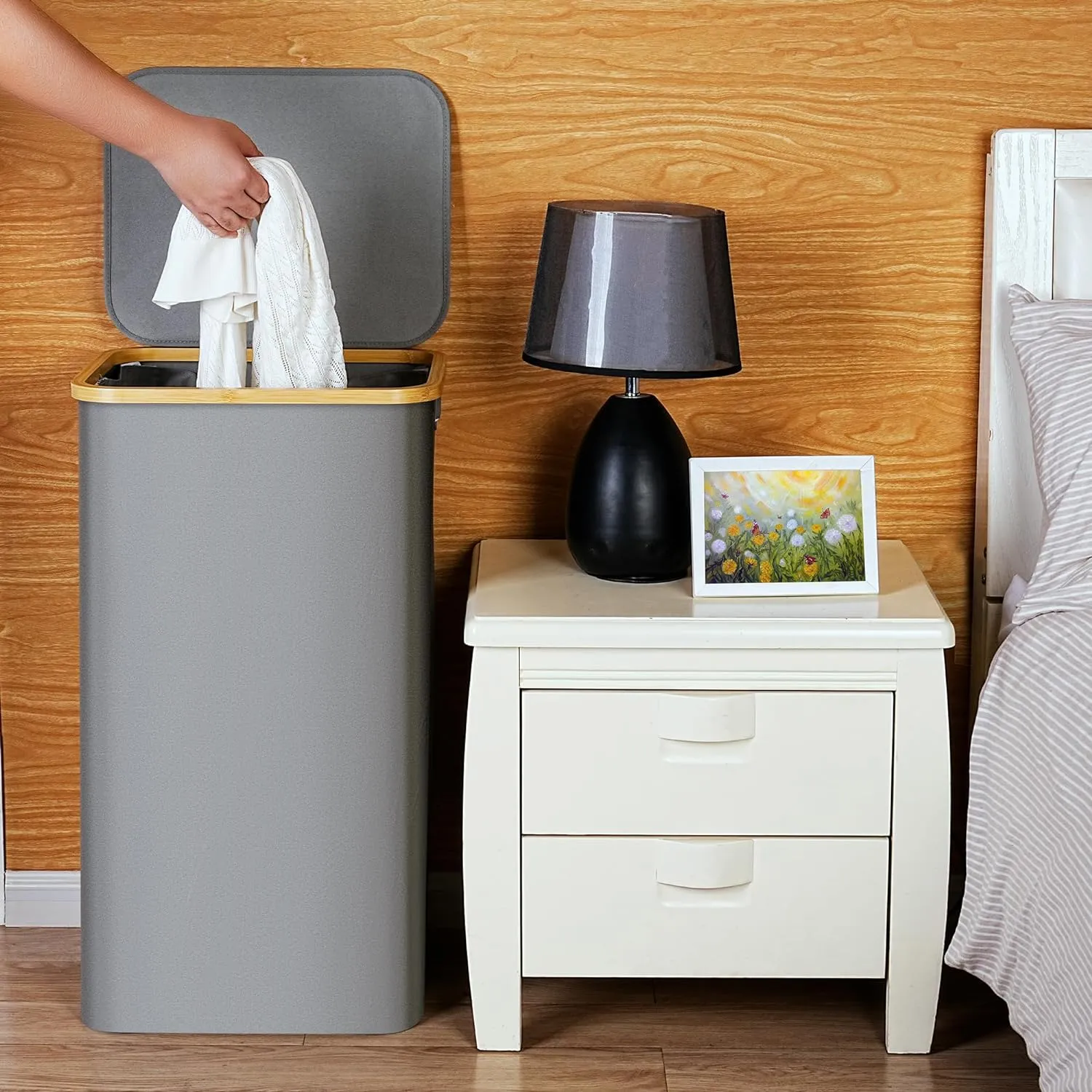 Laundry Basket with Lid and Removable Bag, 100L Tall Laundry Hamper with Bamboo Handles, Aesthetic Dirty Clothes Bin for Laundry Room, Bathroom, Bedroom and Dorm, Silver Grey