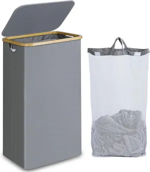 Laundry Basket with Lid and Removable Bag, 100L Tall Laundry Hamper with Bamboo Handles, Aesthetic Dirty Clothes Bin for Laundry Room, Bathroom, Bedroom and Dorm, Silver Grey