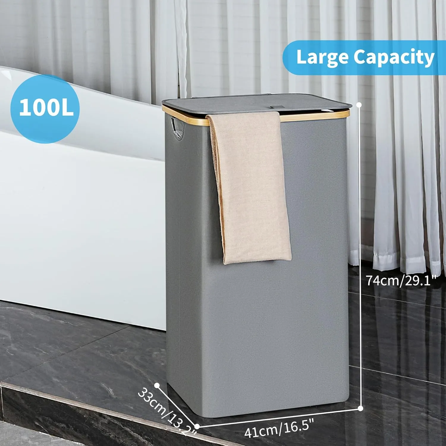 Laundry Basket with Lid and Removable Bag, 100L Tall Laundry Hamper with Bamboo Handles, Aesthetic Dirty Clothes Bin for Laundry Room, Bathroom, Bedroom and Dorm, Silver Grey