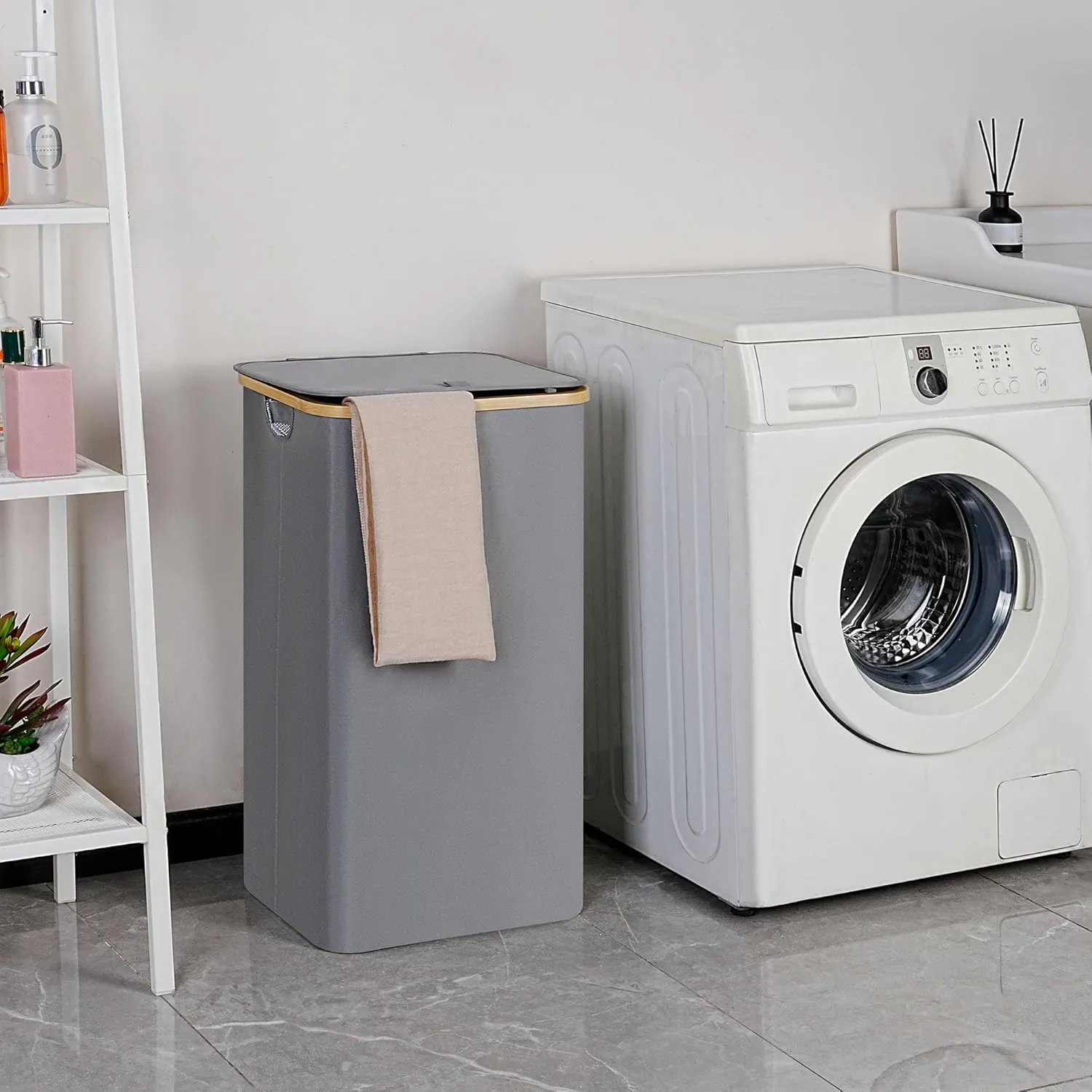 Laundry Basket with Lid and Removable Bag, 100L Tall Laundry Hamper with Bamboo Handles, Aesthetic Dirty Clothes Bin for Laundry Room, Bathroom, Bedroom and Dorm, Silver Grey