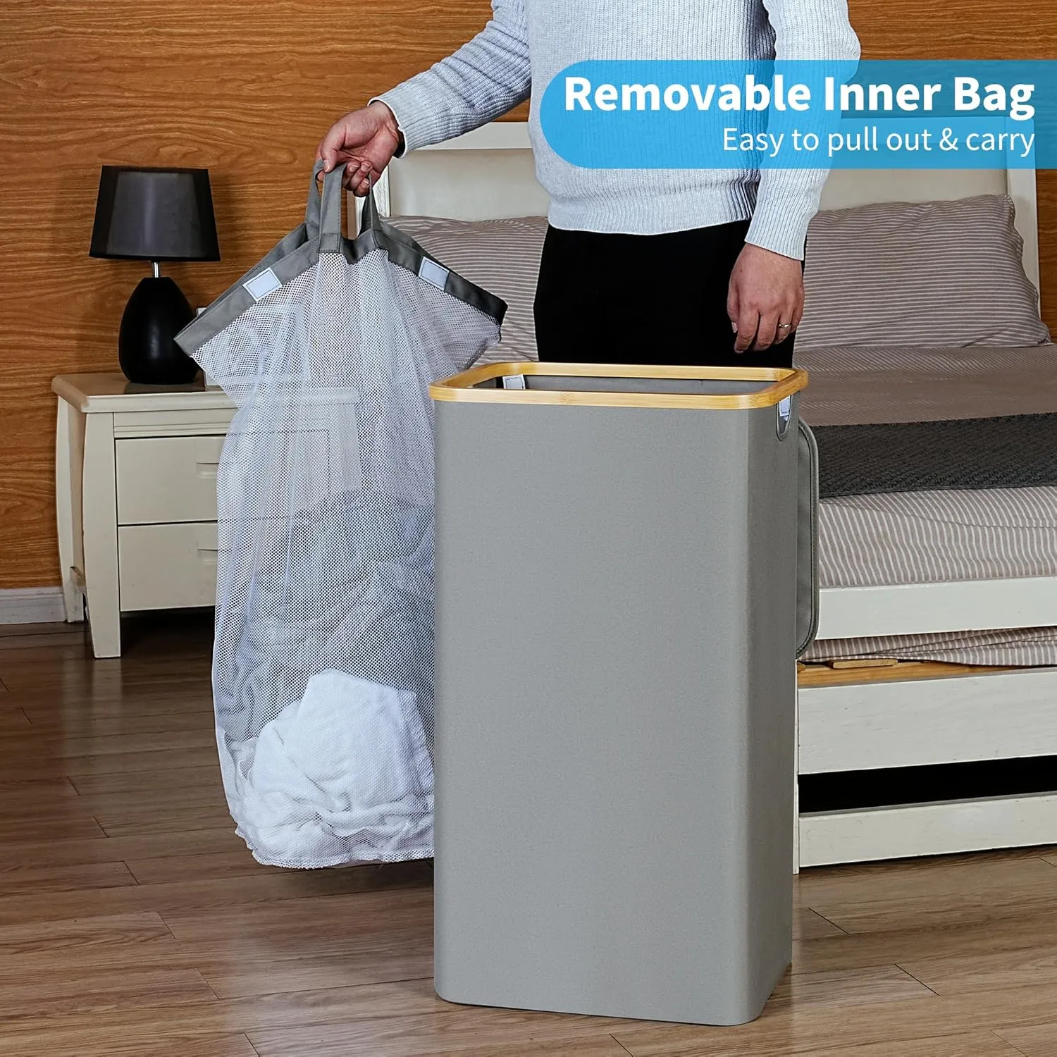 Laundry Basket with Lid and Removable Bag, 100L Tall Laundry Hamper with Bamboo Handles, Aesthetic Dirty Clothes Bin for Laundry Room, Bathroom, Bedroom and Dorm, Silver Grey