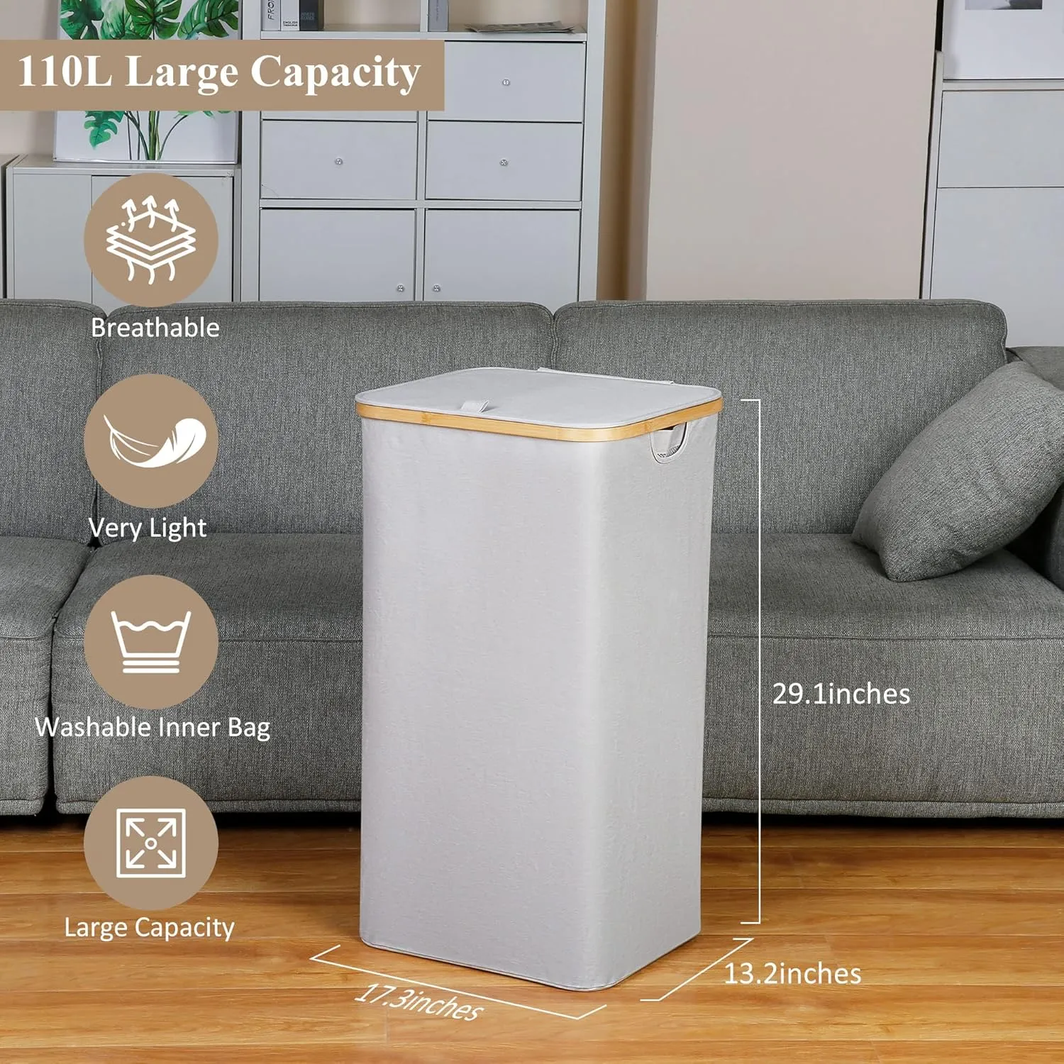 Laundry Basket with Lid, Large Laundry Hamper with Handle and Lid, Collapsible Clothes Basket Organizer with Removable Inner Bag for Clothes Toys Towels - 110L Light Grey