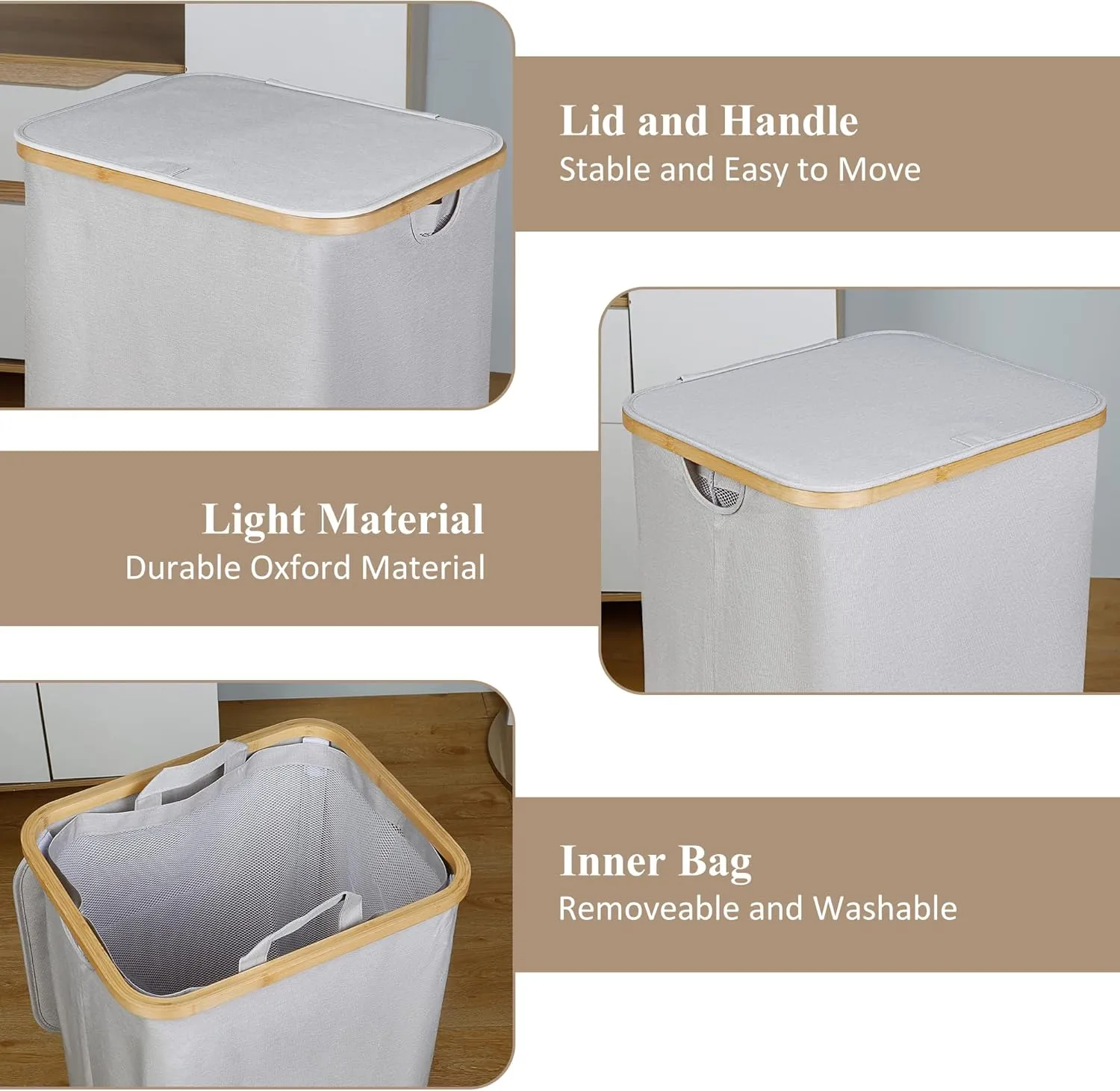 Laundry Basket with Lid, Large Laundry Hamper with Handle and Lid, Collapsible Clothes Basket Organizer with Removable Inner Bag for Clothes Toys Towels - 110L Light Grey
