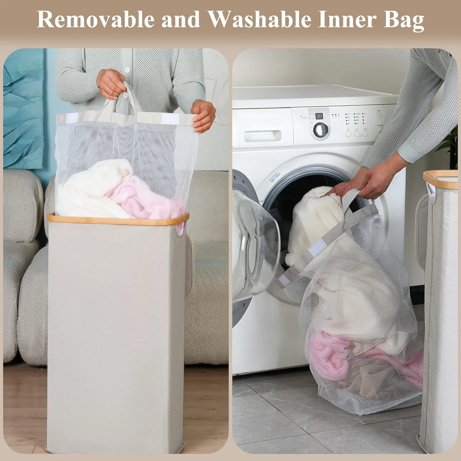 Laundry Basket with Lid, Large Laundry Hamper with Handle and Lid, Collapsible Clothes Basket Organizer with Removable Inner Bag for Clothes Toys Towels - 110L Light Grey