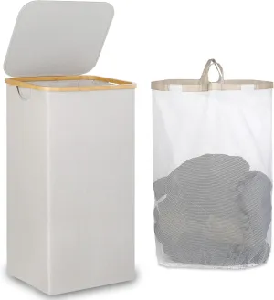 Laundry Basket with Lid, Large Laundry Hamper with Handle and Lid, Collapsible Clothes Basket Organizer with Removable Inner Bag for Clothes Toys Towels - 110L Light Grey