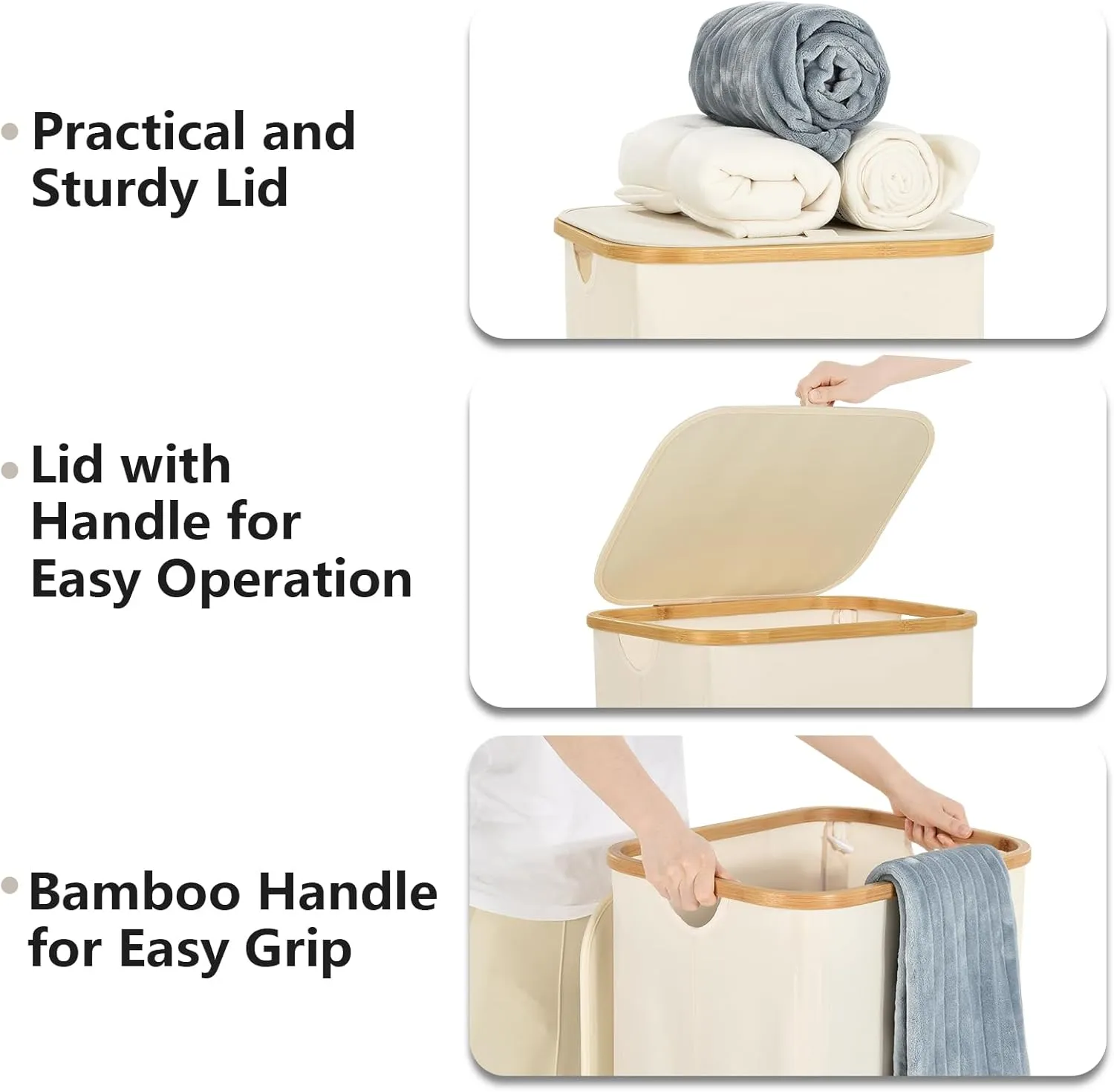Laundry Basket with Wheels, 105L Laundry Hamper with Lid & Removable Laundy Bag, Waterproof Large Laundry Hamper with Wheels, Rolling Laundry Basket with Bamboo Handles for Laundry Room, Beige