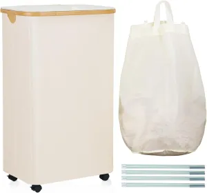 Laundry Basket with Wheels, 105L Laundry Hamper with Lid & Removable Laundy Bag, Waterproof Large Laundry Hamper with Wheels, Rolling Laundry Basket with Bamboo Handles for Laundry Room, Beige