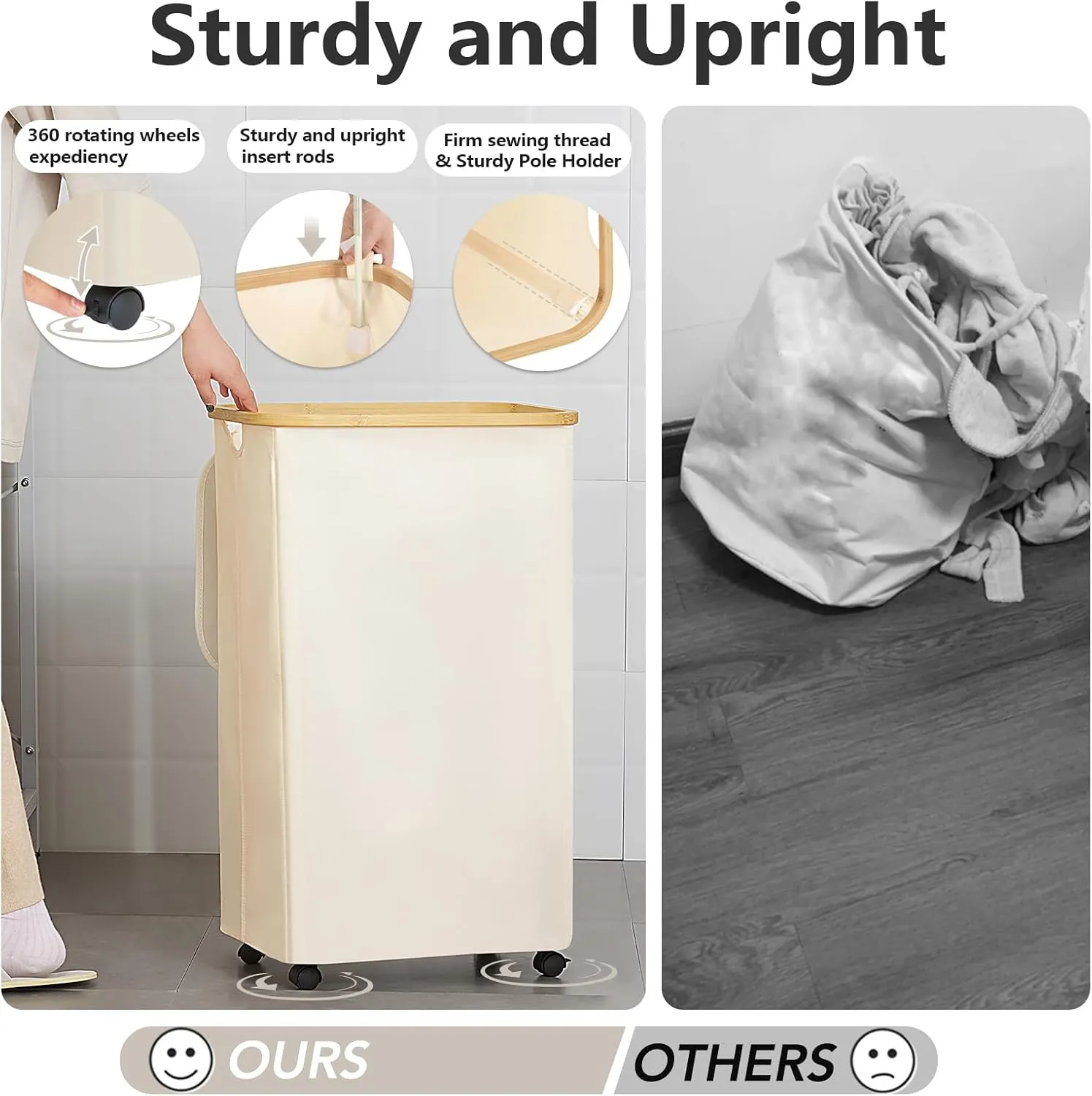 Laundry Basket with Wheels, 105L Laundry Hamper with Lid & Removable Laundy Bag, Waterproof Large Laundry Hamper with Wheels, Rolling Laundry Basket with Bamboo Handles for Laundry Room, Beige