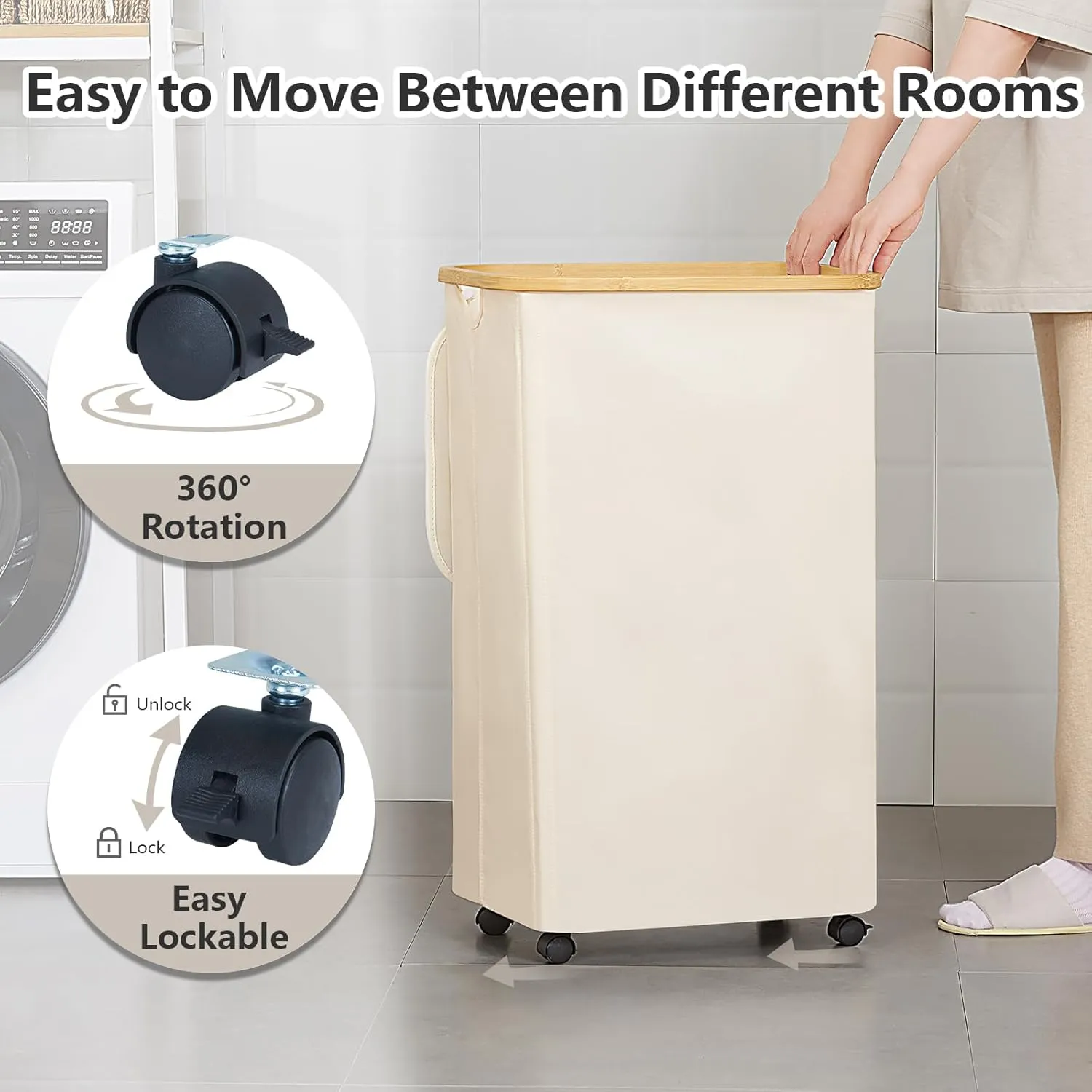 Laundry Basket with Wheels, 105L Laundry Hamper with Lid & Removable Laundy Bag, Waterproof Large Laundry Hamper with Wheels, Rolling Laundry Basket with Bamboo Handles for Laundry Room, Beige
